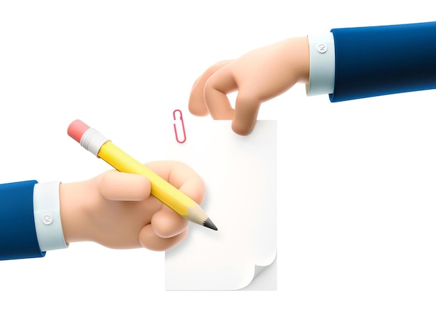 Manos de personaje de empresario de dibujos animados sosteniendo documento y lápiz ilustración 3d Concepto de formulario de relleno