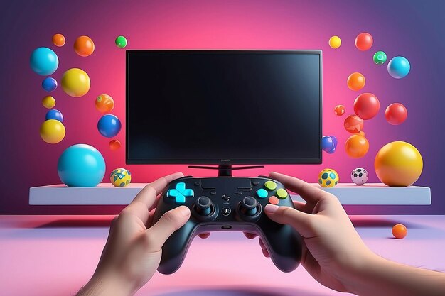 Las manos de los personajes de dibujos animados sostienen un gamepad frente a un televisor con bolas multicolores volando concepto de renderización de videojuegos 3D