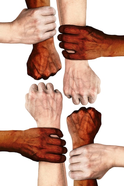 Foto las manos de personas de diferentes nacionalidades y colores de piel se sujetan mutuamente por las muñecas. el concepto de tolerancia, amor y lucha contra el racismo. fondo blanco aislado. blm.