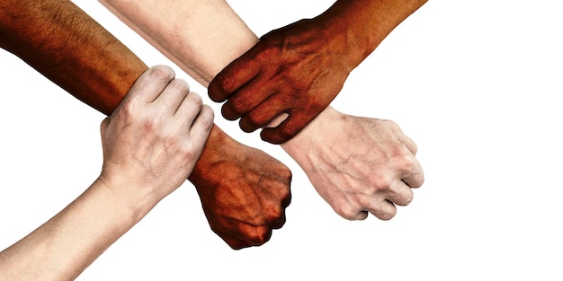 Las manos de personas de diferentes nacionalidades y colores de piel se sujetan mutuamente por las muñecas. El concepto de tolerancia, amor y lucha contra el racismo. Fondo blanco aislado.