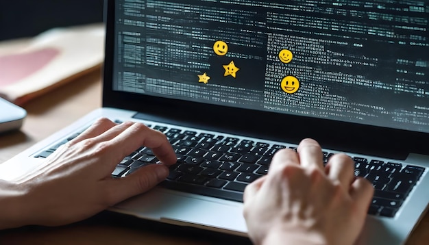 unas manos de personas escribiendo en un teclado de portátil con superposición gráfica de emoticones