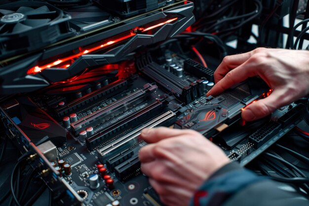 Manos de personas instalando módulos de memoria en una placa base con acentos rojos brillantes