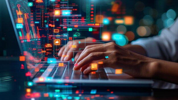 Las manos de las personas se ven escribiendo en un teclado de portátil con gráficos digitales futuristas de gráficos y análisis de datos flotando por encima de la pantalla de la computadora