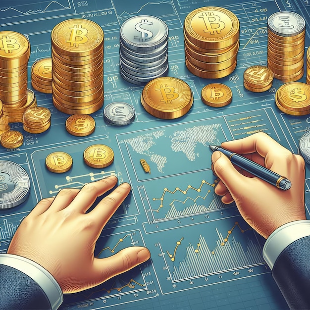 Manos con pilas de monedas barras de oro gráficos diagramas computadora con un mapa del mundo planificación financiera