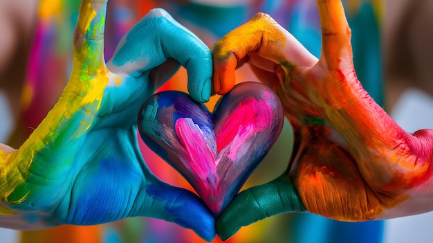 Manos pintadas de colores que forman una forma de corazón sobre un fondo vibrante