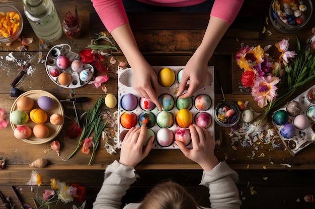 Manos pintando delicadamente los huevos de Pascua con materiales de arte