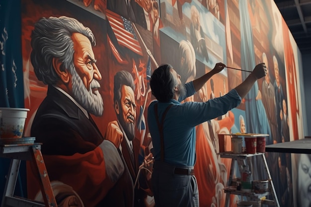 Foto manos pintando un mural de líderes revolucionarios generativo ai