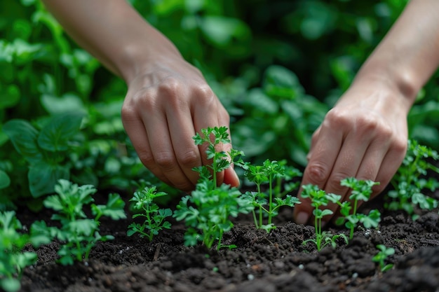 manos plantando hierbas o verduras en un pequeño jardín del patio trasero ai generado