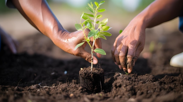 Foto manos plantando manglares para prevenir la erosión costera y proteger la vida marina