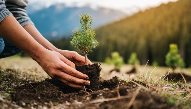 Manos plantando nuevos árboles Área abierta Medio ambiente de montaña Cuidado Crecimiento Sostenibilidad Naturaleza