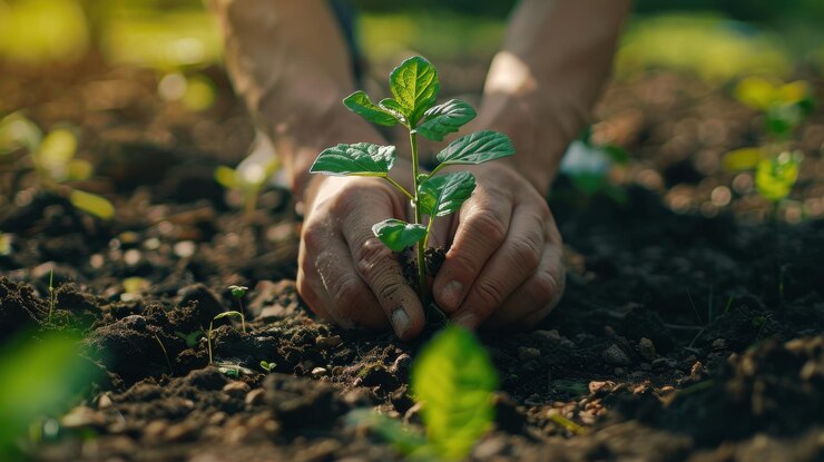 Manos plantando una planta joven en el suelo que representa la conservación del medio ambiente y el comienzo o