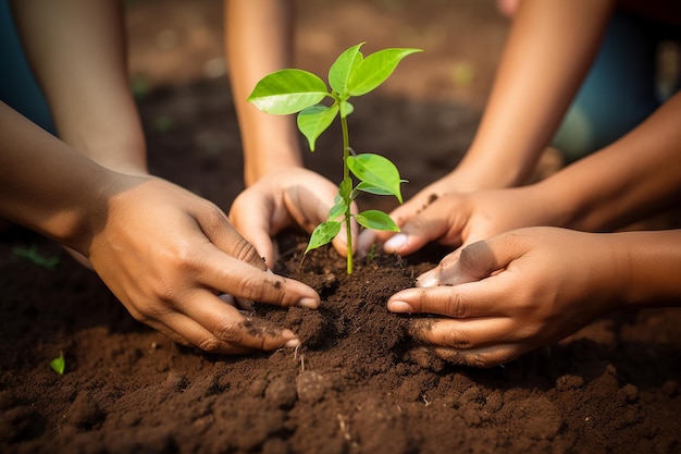 manos plantando una planta en el suelo