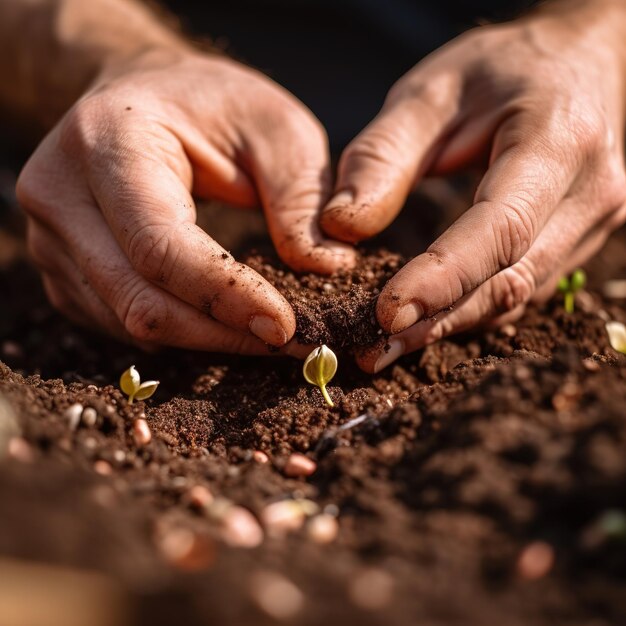 Foto manos plantando una planta