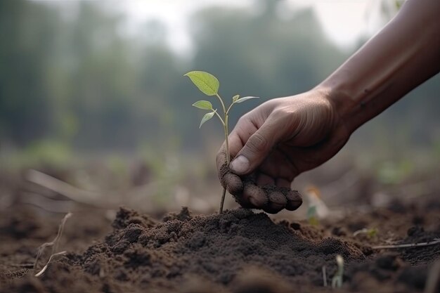 Manos plantando una semilla en el suelo de un bosque Cerrar Ai generativo