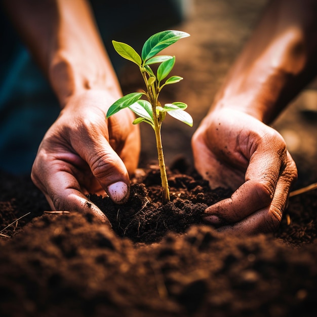 Manos plantando en el suelo