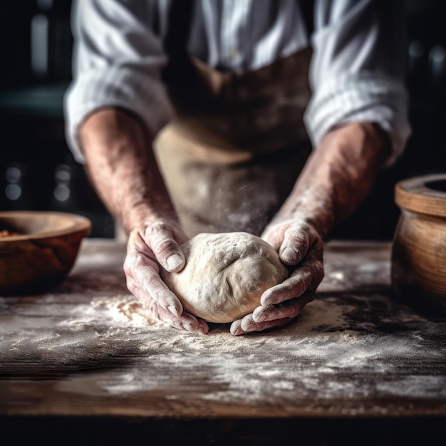 Manos de preparación de pan amasando en la mesa IA generativa