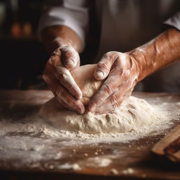 Manos de preparación de pan amasando en la mesa IA generativa