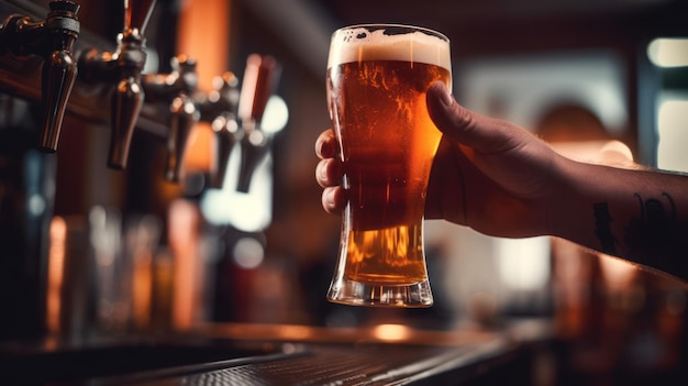 manos de primer plano del barman abriendo vertiendo una cerveza del grifo