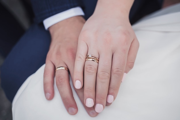 Manos de primer plano de hombre y mujer con anillo de bodas