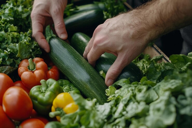 Las manos recogen calabazas entre una vibrante exhibición de verduras frescas en el mercado