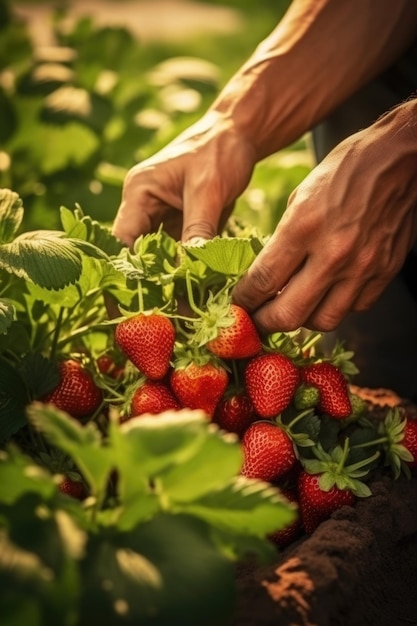 Las manos recogiendo fresas