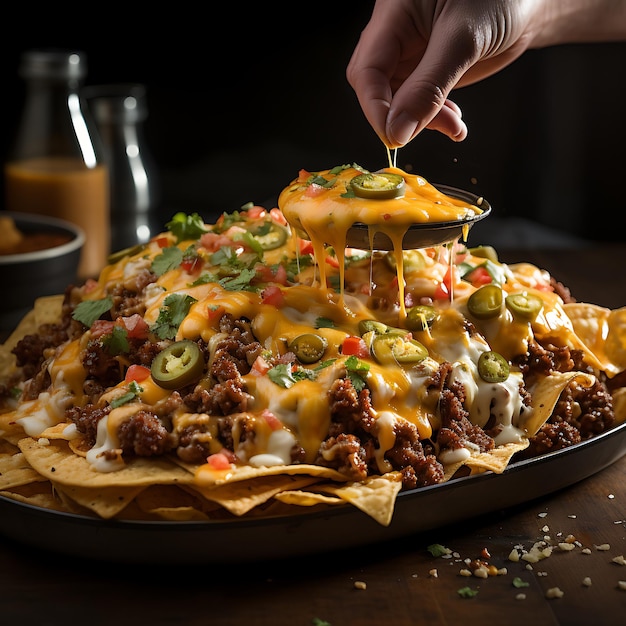 manos recogiendo nachos mexicanos con mucho queso derretido