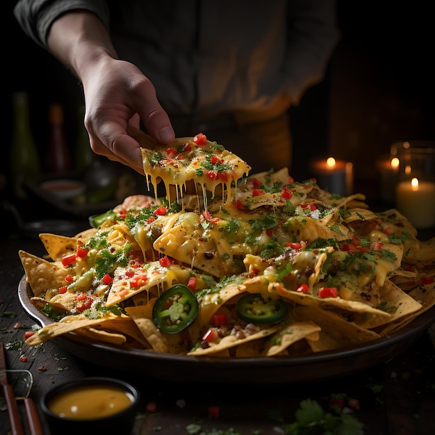 manos recogiendo nachos mexicanos con mucho queso derretido