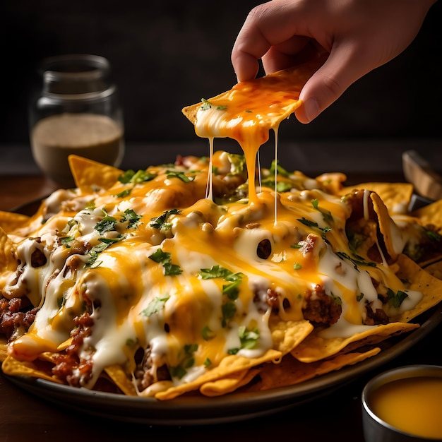 manos recogiendo nachos mexicanos con mucho queso derretido