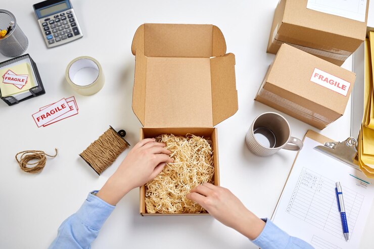 Foto manos con relleno de paja en el paquete en la oficina de correos