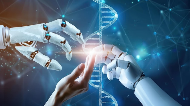 las manos de un robot y un hombre tienden el uno al otro ciencia y tecnología