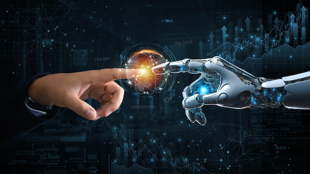 Manos de robot y humano tocando la conexión de big data en el fondo del gráfico de acciones