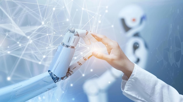 Manos de robot y humano tocando con el fondo de la conexión a la red
