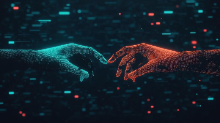 Foto las manos robóticas y humanas se conectan en el espacio digital