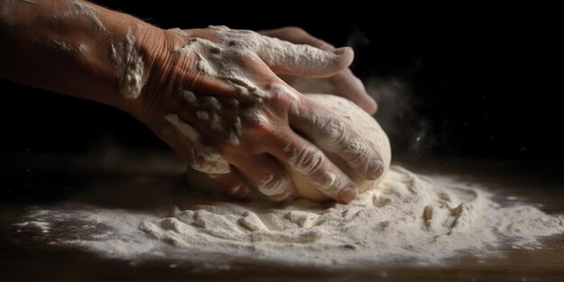 Foto las manos rodantes de harina de panadería generativa de ia generadas por ia preparan la masa para la comida de comida de pasta de pizza