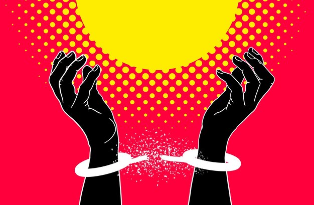 Las manos rompen las esposas y la libertad en el arte ilustrativo o fuertes por los derechos humanos paran la opresión o el fondo rojo Protesta contra el poder y la justicia por la igualdad y por el fin de la esclavitud moderna y la creatividad para la paz