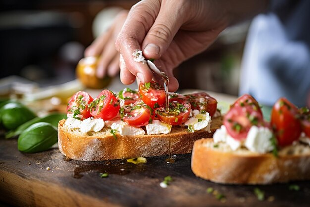 Las manos salpicando queso feta desmoronado sobre bruschetta