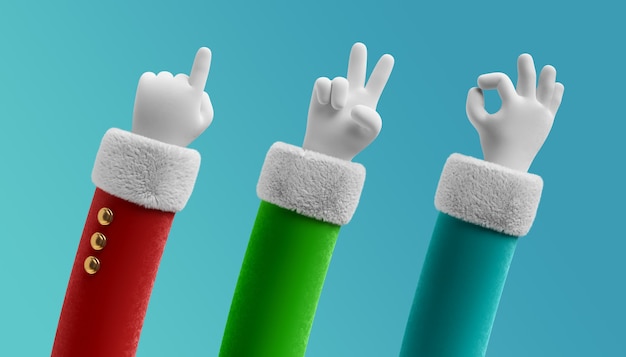 Las manos de Santa Claus en guantes blancos muestran gestos con el dedo acusador