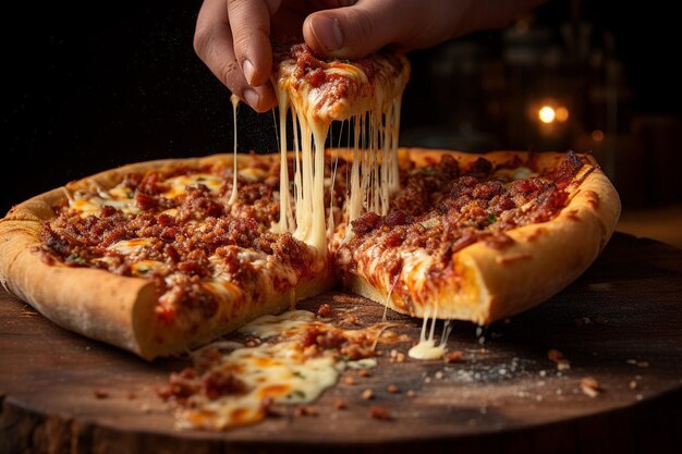 Foto las manos separando una rebanada de pizza de carne que muestra el estiramiento de queso