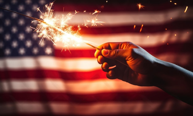 Manos soplando chispas con bandera de Estados Unidos y fuegos artificiales