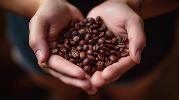 Manos sosteniendo algunos granos de café tostados en un fondo negro