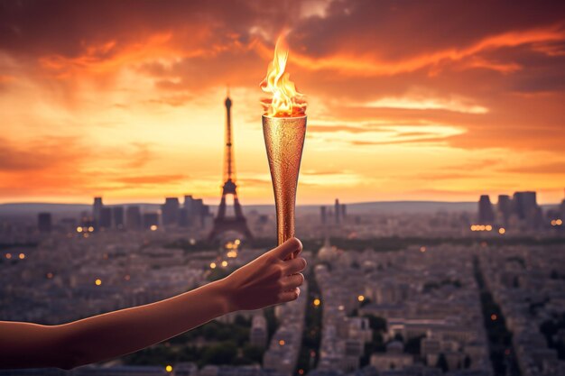 Foto manos sosteniendo la antorcha olímpica en llamas con el fondo del horizonte de parís