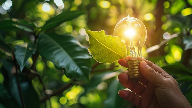 Foto manos sosteniendo bombillas contra la naturaleza en hojas verdes con fuentes de energía generativa ai