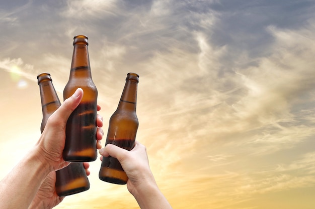 Manos sosteniendo botellas de cerveza y felices disfrutando del tiempo de cosecha juntos para tintinear vasos en fiesta al aire libre