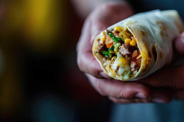 Foto manos sosteniendo burrito mexicano comida rápida comida chatarra