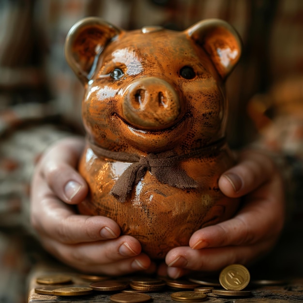Foto manos sosteniendo una caja de ahorros clásica manejando cuidadosamente una pila de monedas que indican el acaparamiento de ahorro