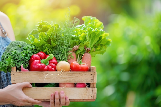 Manos sosteniendo una caja de madera con verduras