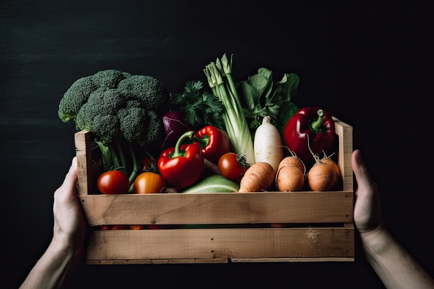 Manos sosteniendo caja de madera con verduras