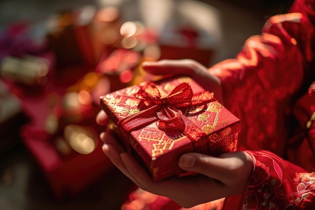 Manos sosteniendo caja de regalo roja para la celebración del año nuevo chino