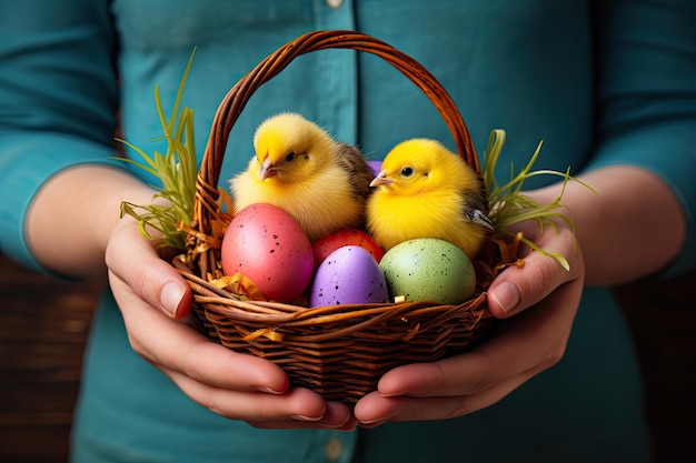 manos sosteniendo una canasta con huevos de Pascua coloridos y un pollito