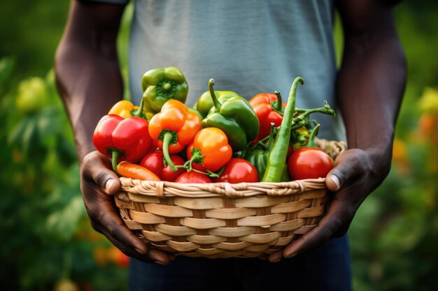 Manos sosteniendo una canasta de pimientos y tomates de colores Concepto de agricultura sostenible